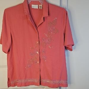 Alfred Dunner Coral Button-Up Blouse Embroidered Size 16‎